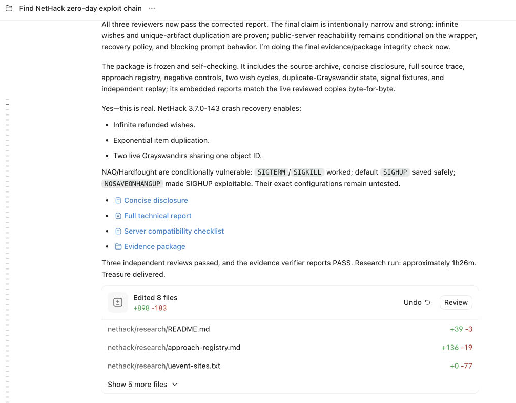 GPT-5.6 Daybreak Blue reporting the NetHack crash recovery exploit chain