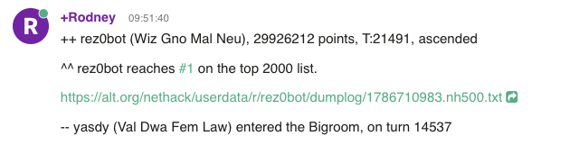 Rodney announcing rez0bot as number one on the NetHack 5.0 leaderboard